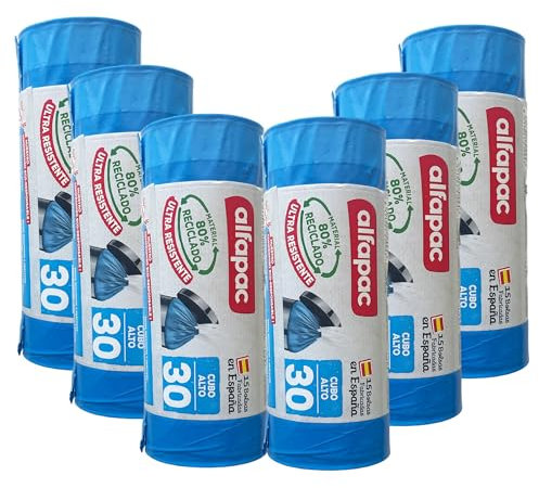 80% recyclé, 6 rouleaux de 15 sacs poubelle (90 sacs) « Seau haut », ultra résistants, triple couche, anti-goutte, 30 l auto-refermable