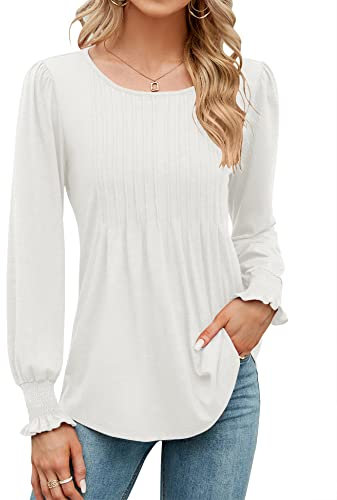 Rapbin Women's Long Sleeve T Shirt Pleated Tunic Tops Blouses Loose O Neck Ladies Pleated Tunic Shirts(White,XL)