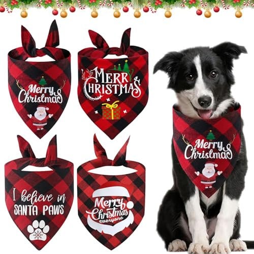 Hundehalstuch Weihnachten,4 Stücke Weihnachten Haustier Bandana Schal,Halstuch Hund Weihnachten,Classic Plaid Dreieck Lätzchen,für die Weihnachtsdekoration von Hunde Katzen