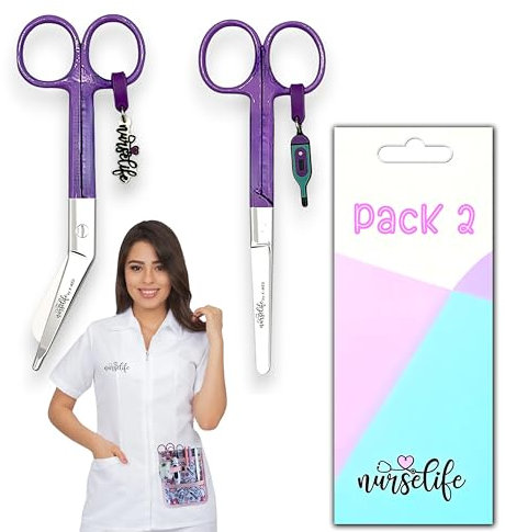 Nurse Life Pack 2 Tijeras Enfermeria Mayo+Pico Pato - Punta Roma | Para Bolsillo y Porta | Enfermera con Apuros, Punta Redonda Profesional, Primeros Auxilios - I love it - Acero pulido. Lila.