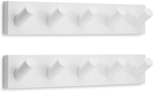 LARHN Porte Manteau Mural Blanc avec 5 Crochets (2 u), 42cm - Patere Murale en Bambou