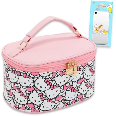 Hello Kitty Kosmetiktaschen-Set – Bündel mit ovaler Hello Kitty Kosmetiktasche für Make-up, Reisegröße Toilettenartikel plus Handy-Brieftasche, Aufkleber | Hello Kitty Reisetasche für Mädchen, Frauen,