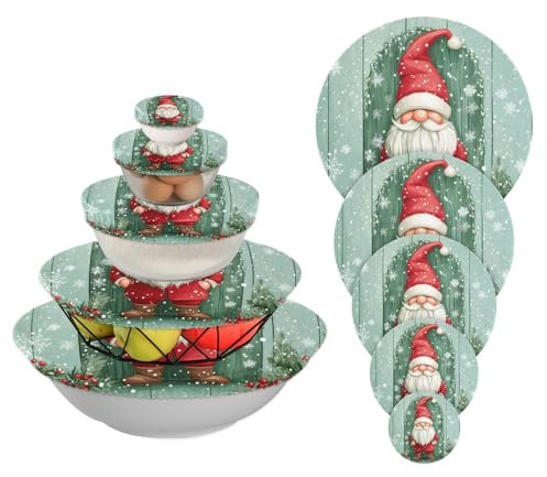 Weihnachtswichtel, Stechpalme, Holz-Schüsselabdeckungen, wiederverwendbar, für Lebensmittelbehälter, elastischer Stretch-Stoff, Geschirrabdeckungen für Küche, Picknick, 5 Stück