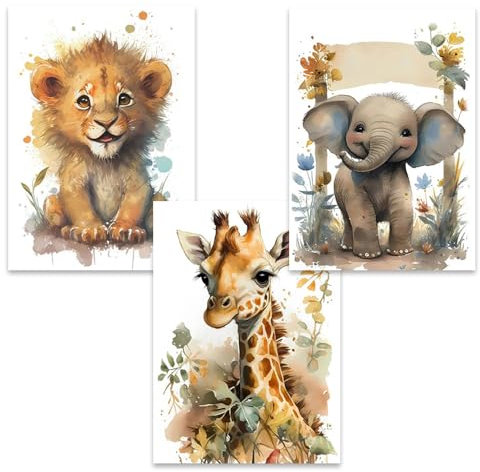 3 Affiche Animaux Jungle Enfant Poster Chambre Bebe Elephant Lion Girafe Tableau Decoration Murale Chambre Garcon Fille 30x40cm Toile Animaux Foret Cadeau sans Cadre
