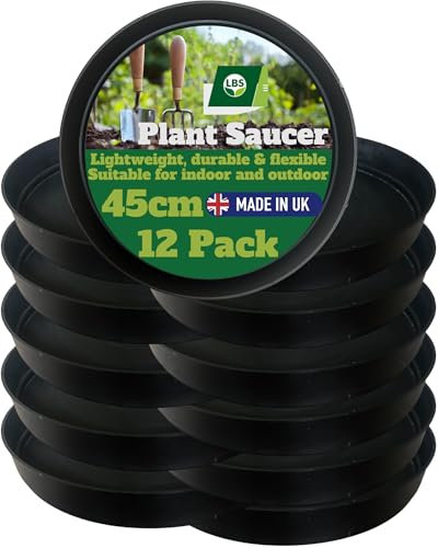 12 Pack Outdoor & Indoor Plant Pot Saucers – Frost & Crack Resistant. Durable Round Black Trays, High Rims, Lightweight And Reusable. UK Made. Prevent Surface Damage & Catch Excess Water. 45cm Diam.
