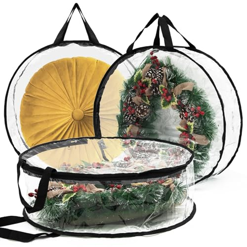 Transparente Weihnachtskranz-Aufbewahrungstasche, Kunststoff, Weihnachtsgirlande, Behälter mit Doppelreißverschlüssen und verstärkten Griffen, für Weihnachtskranz, Schwarz, 61 cm, 2 Stück