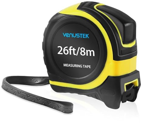 VENUSTEK Maßband Massband, 8 m (26 Fuß), Profi Bandmaß mit Gürtelclip,Feststeller, gelb lackiert mit Zoll- und mm Skala, für Haushalt, Heimrenovierungen und Baustelle