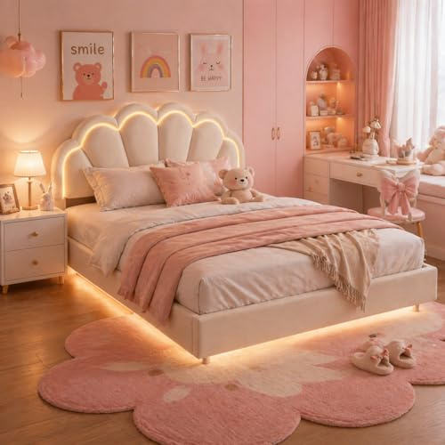 BRILVERDE Lit Rembourré 140 x 200 cm,Lit de Fille avec tête de LED réglable et sommier à Lattes, Lit Flottant Design Forme Couronne pour Enfants et Adolescents,Velours (Beige-2, 140x200)