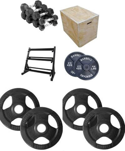 Shark Power Gear Hex Dumbbell Set with Rack – Pairs from 2.5kg to 30kg, Tri-Grip & Cast Iron Weight Plates (5kg–15kg), L3 Storage Rack, Medium Wooden Plyometric Box