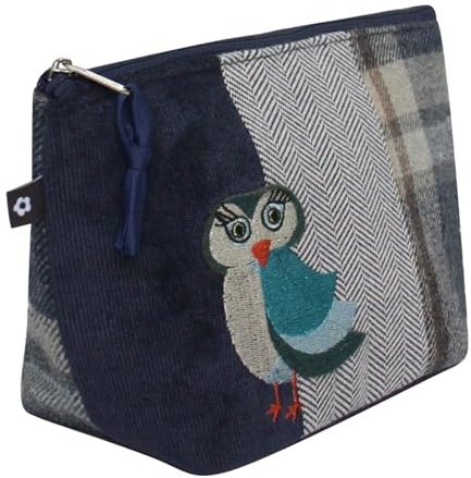 Earth Squared Appliqué Cosmetic Bag, Makeup Pouch, Toiletry Bag, Fair Trade Handmade, Eco-Friendly, Highland Cow, Bee, Cat, Owl – 22 x 13.5 x 8 cm (Owl)