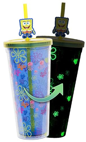 Silver Buffalo Spongebob Squarepants Jumpin' Jellyfish in Bikini Bottom Plastic Cold Cup with Lid and Straw Topper, 24 Ounces