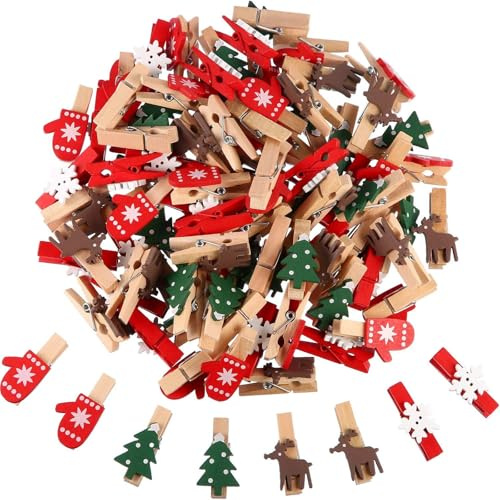 BODYA 50 Stück Weihnachts-Holzklammern, Wäscheklammern, Foto-Clips mit Weihnachtsbaum, Schneeflocke, Rentier, Handschuhe, Design für Heimdekoration, 50 Stück