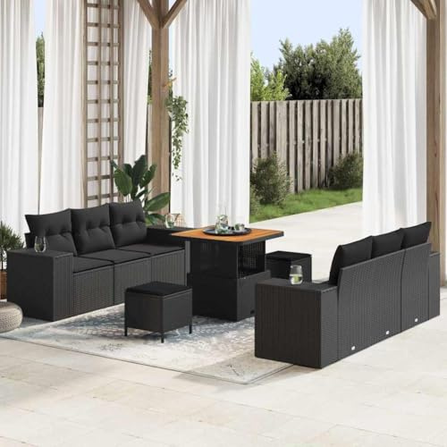 YuuSsea Gartensofa-Set mit Kissen, 9-teilig, Schwarz Poly Rattan, modulare Outdoor Lounge Gruppe, höhenverstellbarer Tisch, UV-beständig