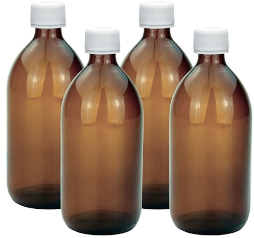 Devitre Set di 4 bottiglie da farmacia, 500 ml, in vetro marrone, con etichette