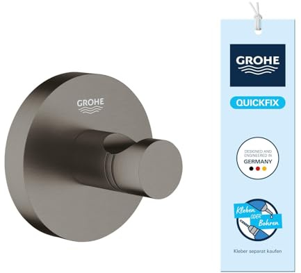 GROHE Start, Bademantelhaken ohne Bohren (Handtuchhalter mit verdeckter Befestigung, zum Kleben oder Bohren, mit Schrauben und Dübel, Kleber separat erhältlich), hard graphite, anthrazit, 41173AL0