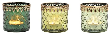 Windlicht 3er Set aus Glas Grün Gold | Vintage-Design mit goldfarbenen Akzenten