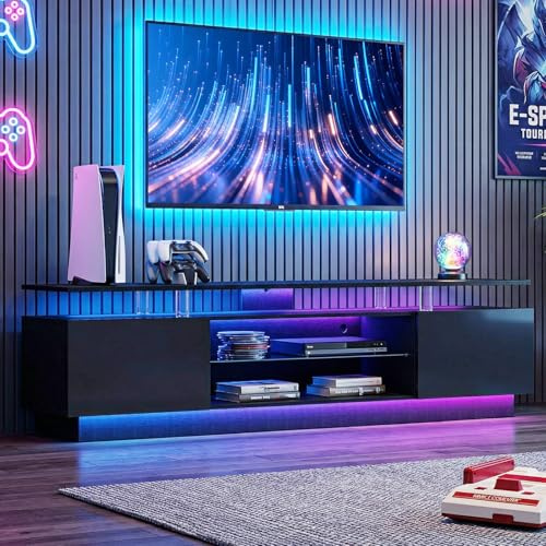 Aoxun 180cm High-Glossy TV Stand with 2 Side Cabinets, Modern Stylish TV Console with 3 Layer LED Lights, Gaming TV Media Console with Adjustable Glass Shelf, Remote&APP Control, Black