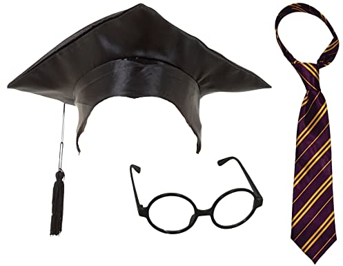 Mega_Jumble® Mortar Board Graduation Hat Tie And Glasses Hogwarts School Boy World Book Day Fancy Dress