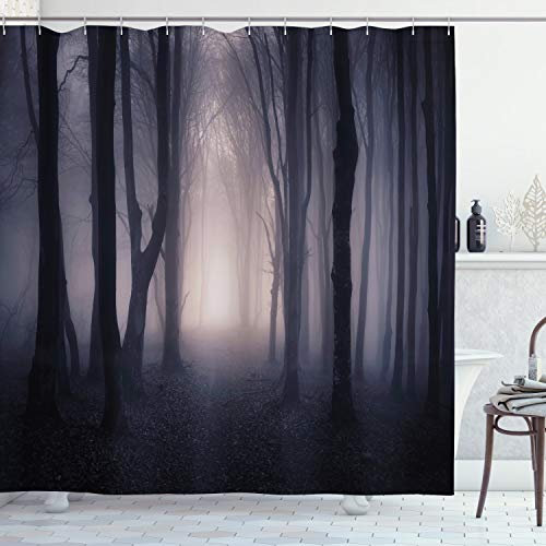 ABAKUHAUS Wald Duschvorhang, Tief im Dschungel Spooky, Stoffliches Gewebe Badezimmerdekorationsset mit Haken, 175 x 180 cm, Dunkelgrau Lila
