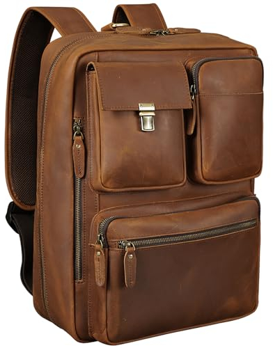 TIDING Leather Backpack Mens Convertible Laptop Backpack 15.6-17.3 Inch Briefcase Genuine Leather Rucksack for Men Work Business Travel, Light Brown