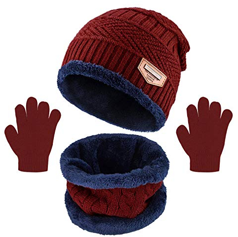 Yutdeng Tricotés Enfants Ensemble d'hiver Bonnet écharpe Gants 3 en 1, Doublure Molleton Doux Bonnet tricoté Chaud Cache-Cou Extensible Gants,Vin Rouge,Taille unique