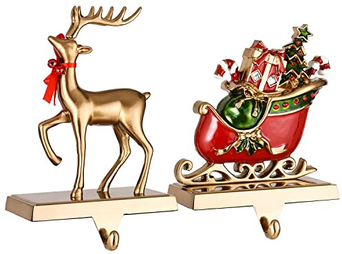 WeddPtyFr 2 Stück Rentier Weihnachtsstrumpfhalter für Kaminsims, Weihnachtsstrumpfaufhänger Kamin, rutschfest, und Weihnachtsmannständer, stabile Metall-Weihnachtsdekorationen (Antik-Gold, 2)