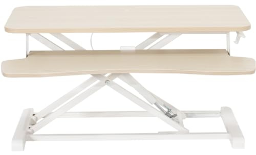VIVO 81cm Desk Converter, K Series, Height Adjustable Sit to Stand Riser, Dual Monitor and Laptop Workstation with Wide Keyboard Tray, Light Wood Top, White Frame, DESK-V000KF