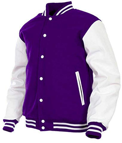 Varsity - Giacca da uomo in vera pelle con maniche e lana mista Letterman Boys College Varsity Giacche (rosso (AR-2), XXXXX-Large) viola/bianco. L