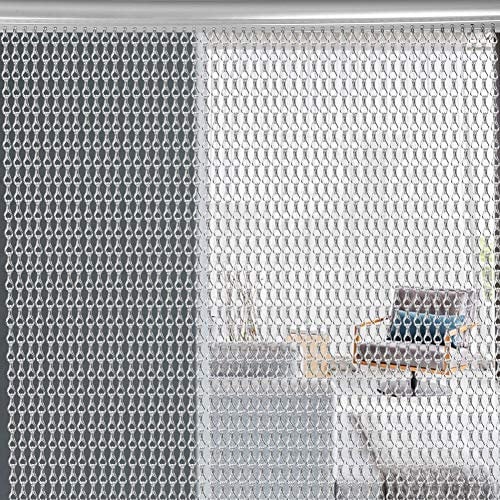 Metal Chain Curtain, Silver Metal Fly Curtain Insect Blind Curtain Aluminium Door Fly Screen Metal Chain Strip Curtain for Doorways Patio Door, 90 x 214.5cm