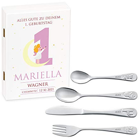 Maverton Kinderbesteck Set mit Gravur + Holzbox mit Aufdruck - mit Tieren - aus Edelstahl - Weiß - Geschenk für Mädchen zum Geburtstag zur Taufe Geburt - Mond