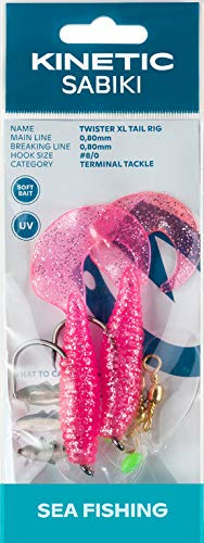 Sabiki Kinetic Twister XL Tail Rig - Vorfach mit 2 großen Twistern, Länge 130cm, Haken 8/0, 3 Farben, Schnur 0,80mm (Pink/Silver)
