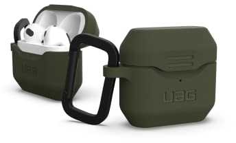 Urban Armor Gear Standard Issue Silikon Case für die Apple AirPods 2021 Hülle [Texturiertes antibakterielles Silikon, Abnehmbarer Karabinerhaken, Wireless-Charging kompatibel] Olive 10292K117272