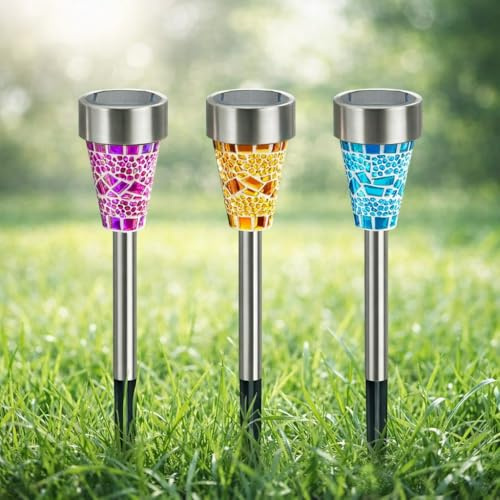 DRULINE 3er Set LED Solarlampe - Solarleuchte mit Erdspieß - LED Solarleuchte Erdspieß - Gartenleuchte Solar - Metall/Glas mehrfarbig transparent - B/H ca. 7 x 38,5 cm
