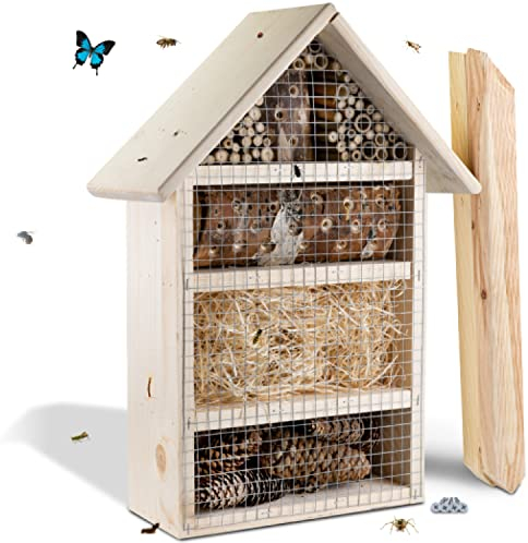 GARTENETAGE Insektenhotel/Naturbelassenes Insektenhaus und Bienenhotel/massives Insektenhotel zum Aufstellen mit Pfählen/Marienkäferhaus/Nisthilfe & Artenschutz für Balkon & Garten