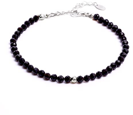 BERGERLIN Obsidian Armband schwarz mit 925 Sterling Silberperle – facettiertes, schwarzes Armband mit Verschluss – Größe M-L