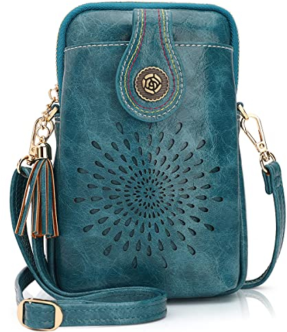 APHISON Designer Phone Bags for Women Crossbody, Sunflower Tassel Vegan Leather Small Crossbody Bags for Women fits Phone Up to 6.7 inches Peacock Blue