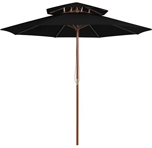 INLIFE Sombrilla con doble techo y poste de madera, color negro, 270 cm