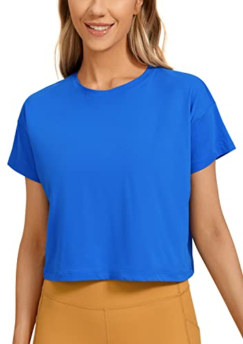 CRZ YOGA Damen Kurzarm Sport Tshirt Loose Baumwolle Fitness Crop Top Sommer Gym Workout Cropped Oberteile Starkes Blau 36