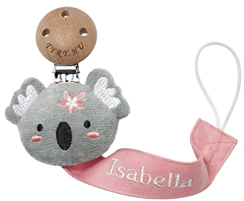 TYRY.HU Schnullerkette mit Namen Jungen Mädchen Personalisierte Schnullerband Holz Clip Baumwolle Schnuller Clips für Neugeboren Koala