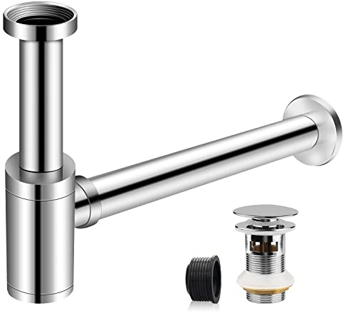 EXLECO Sifone Lavabo Bagno Acciaio Inox 1 1/4 x Ø 32mm Sifone Universale per Lavabo con Piletta Lavabo, Scarico Lavandino Bagno Sifone Regolabile Individualmente per Lavabo con Troppopieno Cromato