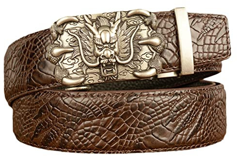 YOPADO Herren-Gürtel aus Krokodilleder Ledergürtel Taille Riemen Silber Drachenkopf Ratsche Automatikschließe Einstellbare Schiebe Gürtel(110cm/waist:37, Brown)