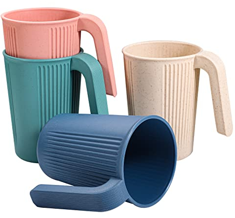 4 PCS Plastic Cups with Handles, Unbreakable Coffee Mugs Picnic Camping Cup for Kids Children and Adults Dishwasher and Microwave Safe