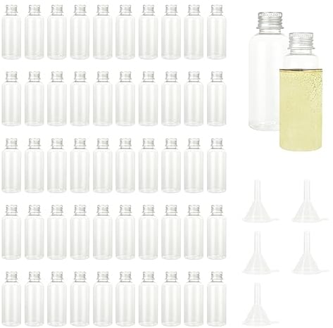 DAJAVE 50 Pack 60ml Miniature Alcohol Bottles Small Shot Bottles Mini Alcohol Bottle Empty Plastic Bottle with Lids for Wedding Favour, Parties, Travel, Parties - with Funnel