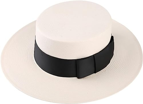 Sun Hats Straw Beach HatClassic Straw Boater Hat for Women, Wide Brim Sun Hat with Bowknot ribbon, UPF50+ Skimmer Hat Beach Hat 20s Costume Accessory ( Color : Ivory+black ribbon , Size : One Size )