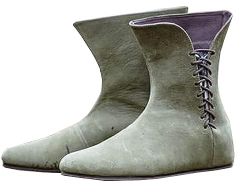 Mittelalterliche Cosplay Stiefel - Retro Gothic Cross Strap PU Leder Kurze Stiefel - Damen Herren Halbhohe Stiefel Schnürstiefel mit Flacher Schnürung - Festival LARP Schuhe - für Cosplay,Grün,39
