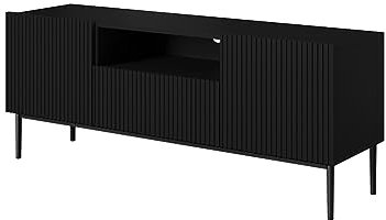 bogart TV Lowboard Nicole 150 cm mit 3 Klappen/Türen, offenes Fach, Griffloses Öffnungssystem, Schwarz Metallfüße, Fernsehtisch, Sideboard, Fernsehschrank, TV Tisch, TV Schrank, TV Bank