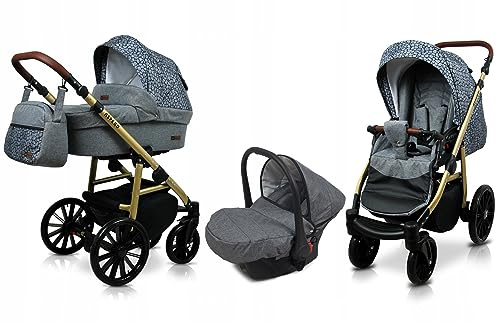 BabyLux® Bambimo Kinderwagen Set 3 in 1 - Aspero - incl. Babywanne, Buggy Sportsitz, Auto-Babyschale - Autositz - Kinderwagenset - Kombikinderwagen mit Wickeltasche, Regenschutz usw.