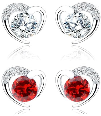 Ohrstecker Silber 925 Klein Ohrringe für Damen Frauen | 2 Paar Sterling Silber Herz Ohrstecker Set mit Zirkonia für Mädchen Geschenke