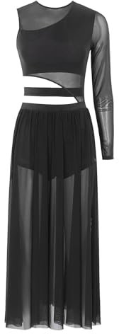 CHICTRY Women's Lyrical Ballet Dance Costume One Sleeve Mesh Modern Contemporary Dance Dress Black S