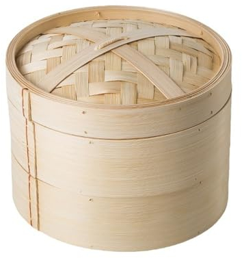 Vaporera de bambú de 13 cm, cesta de vapor de alimentos de dos niveles, incluye tapa de bambú y 2 cestas de bambú, ideal para cocina asiática, bollos, albóndigas, verduras, pescado